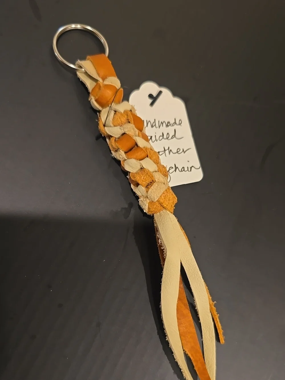 Handmade Braided Leather Keychain - Tan & Orange